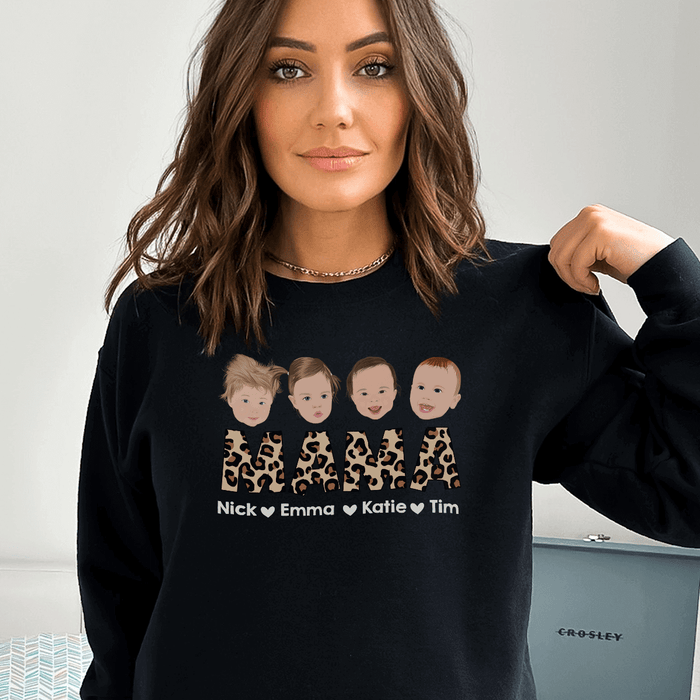 Woman sporting a Ecomartists custom Mama & Kids Sweatshirt featuring adorable custom pet drawings above animal print letters spelling out names.