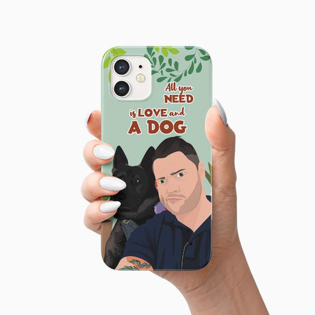 A hand holding a Ecomartists All I Need is Love and a Dog Phone Case Personalized with a custom drawing of a man and a dog, featuring the phrase "all you need is love and a dog.