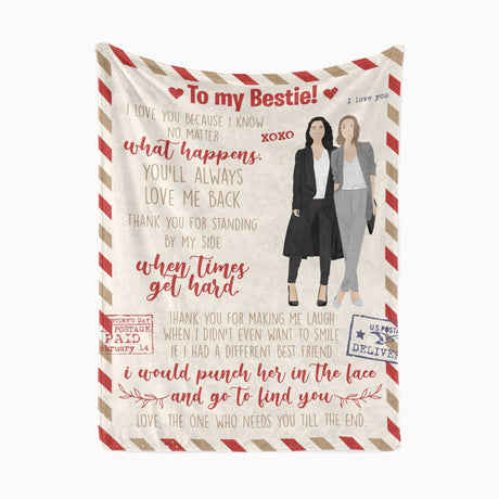 A To My Bestie Blanket Personalized featuring two animated female figures with a heartfelt message celebrating friendship and several postal stamp designs by Ecomartists.