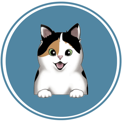 A calico cat smiling in a blue circle.