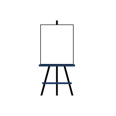 A white easel in a circle with a blue background.