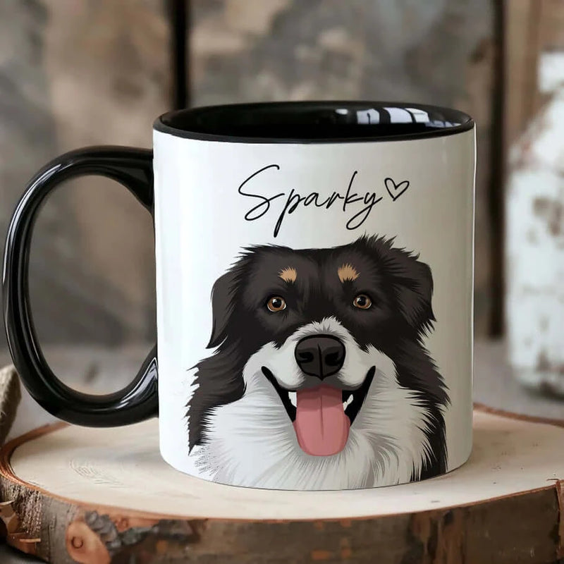 A mug with a black and white dog on it.