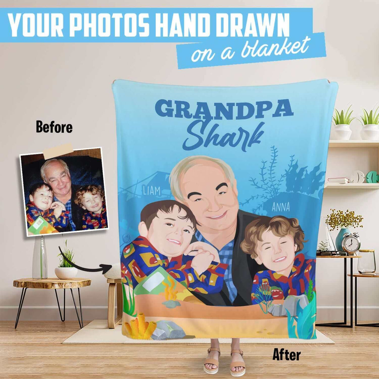 Grandpa Shark Blanket Personalized