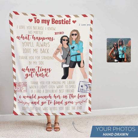 A custom To My Bestie Blanket Personalized with a heartfelt message for a best friend featuring a printed illustration drawn from a photo of two women by Ecomartists.