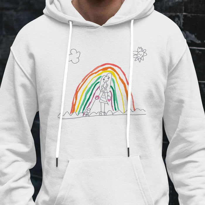 Person wearing a personalized white Ecomartists Custom Child Drawing Hoodie with a custom child drawing of a rainbow and a person on the front.