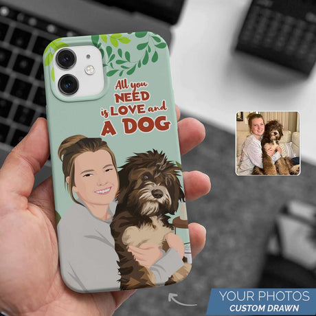 Customized All I Need is Love and a Dog Phone Case Personalized with an illustrated portrait of a person and a dog, alongside the phrase "all you need is love and a dog" by Ecomartists.