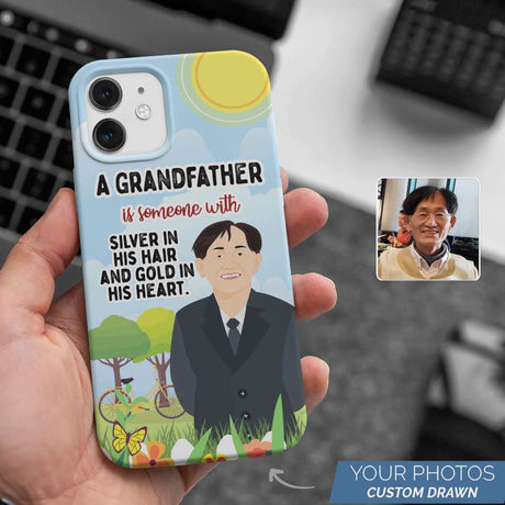A Ecomartists personalized phone case with a sentimental quote about grandfathers, featuring custom illustrations and a real photo of an elderly man in the corner.