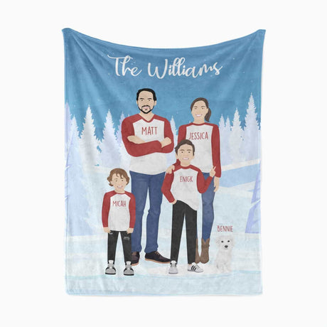 A Ecomartists personalized family Christmas blanket featuring a custom drawing of the Williams family with four members, a dog, and their names included.