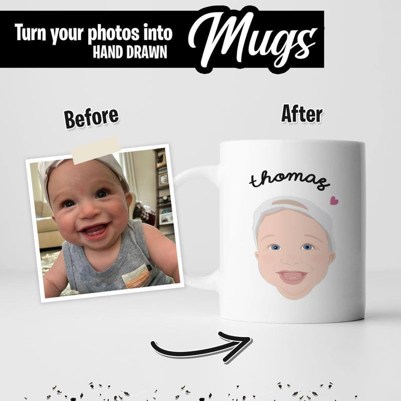 Custom Personalized Kids Face Mug by Ecomartists with a hand-drawn illustration of a kid's face based on a photograph.