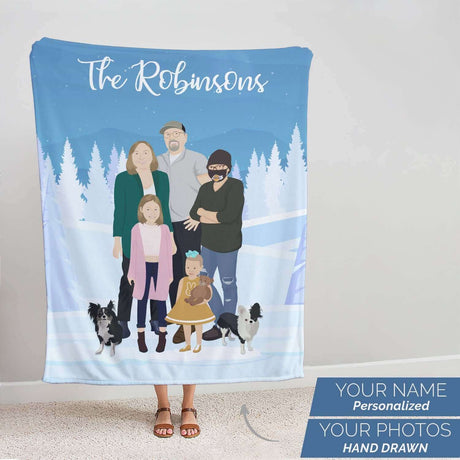 A Ecomartists personalized family Christmas blanket featuring a custom drawing of an illustrated family portrait with the name "the Robinsons" displayed on it.
