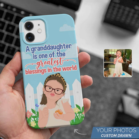 Custom Granddaughter Greatest Blessings Phone Case Personalized featuring a personalized cartoon portrait of a granddaughter, with the text "A granddaughter is one of the greatest blessings in the world" by Ecomartists.