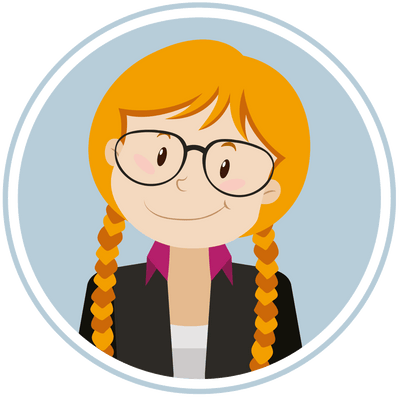 A cartoon of a girl with glasses.
