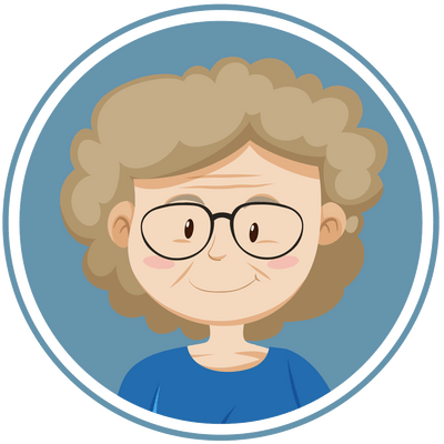 An old woman with glasses in a blue circle.