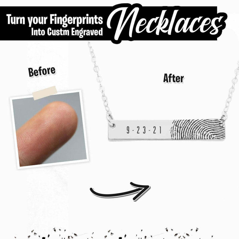 Custom necklace creation process: from fingerprint to Ecomartists's Fingerprint Bar Necklace with Custom Engraving, ensuring each piece has a Personalized Touch.