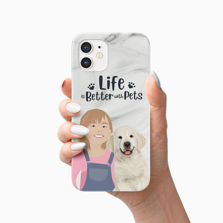 Marble Print Life is Better with Pets Phone Case - Personalized with Your Pet's Illustration