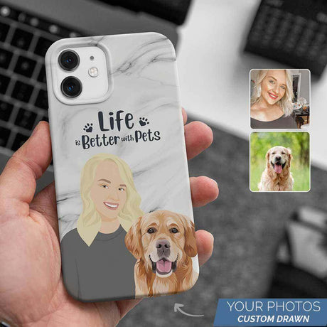 Marble Print Life is Better with Pets Phone Case - Personalized with Your Pet's Illustration